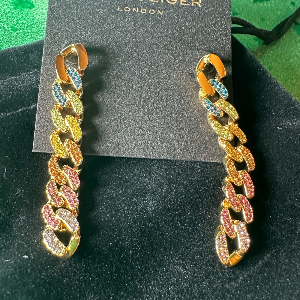 🌈 Kurt Geiger Rainbow Pave link earrings NWT w/ KG dust bag - Picture 2 of 13